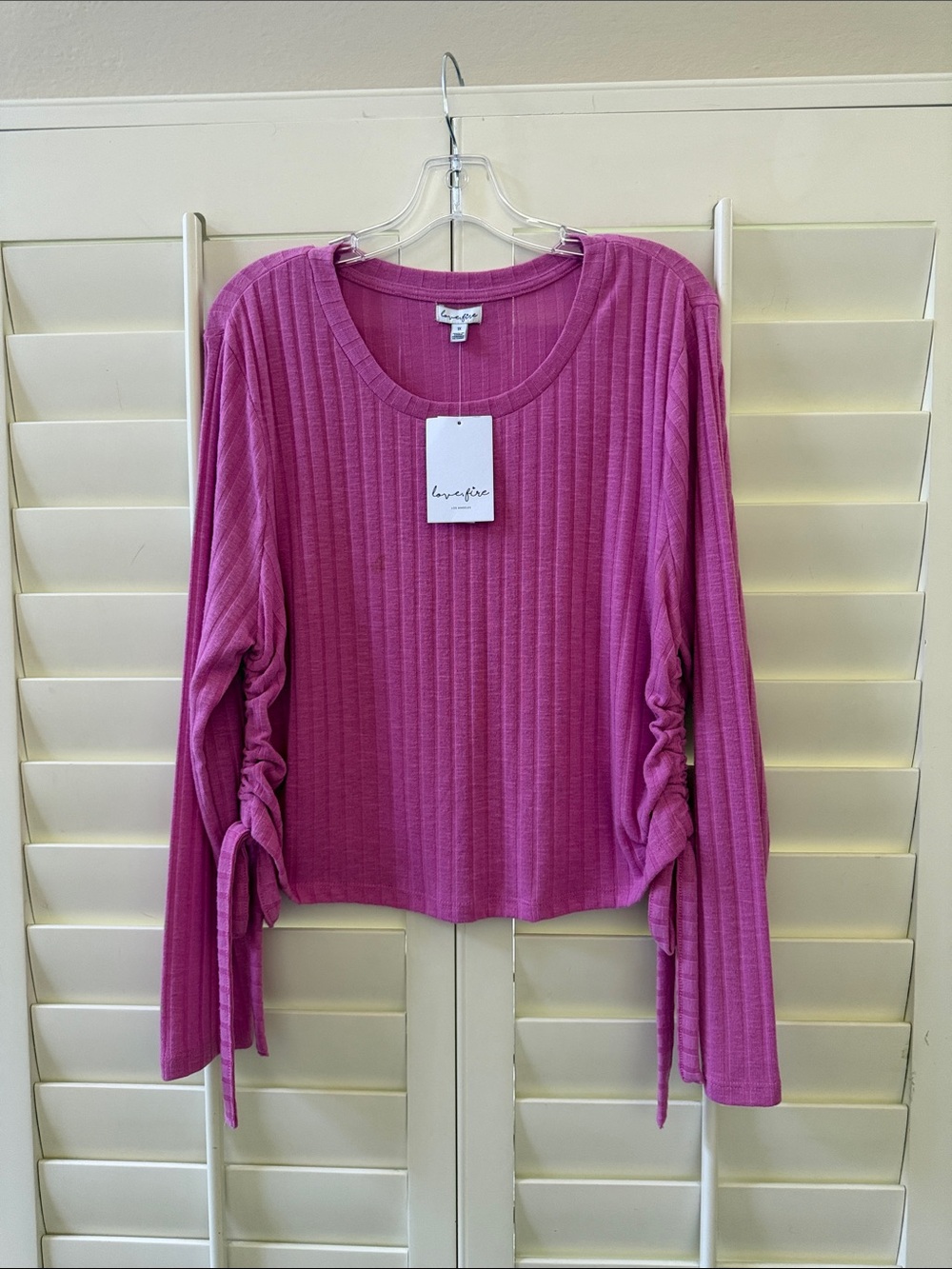 love, Fire Pink Ribbed Long-Sleeve Top with Side Tie Details